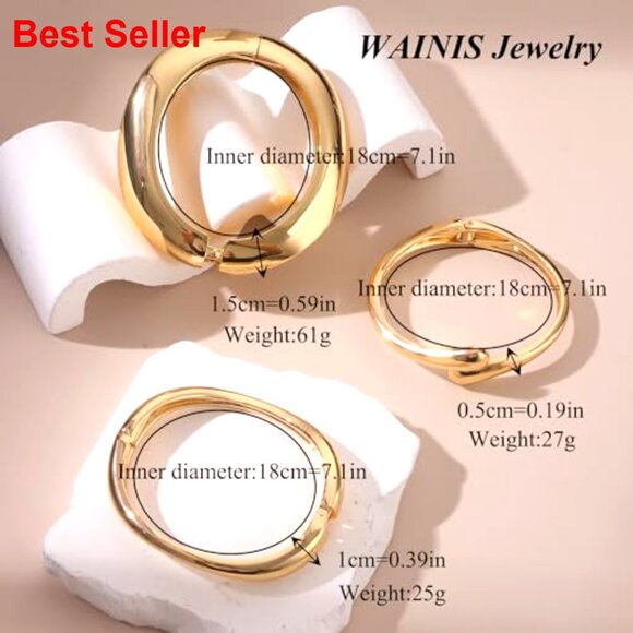 Chunky Gold Plated Bangle Bracelets Set Stackable Wide Cuff - Picture 4 of 7